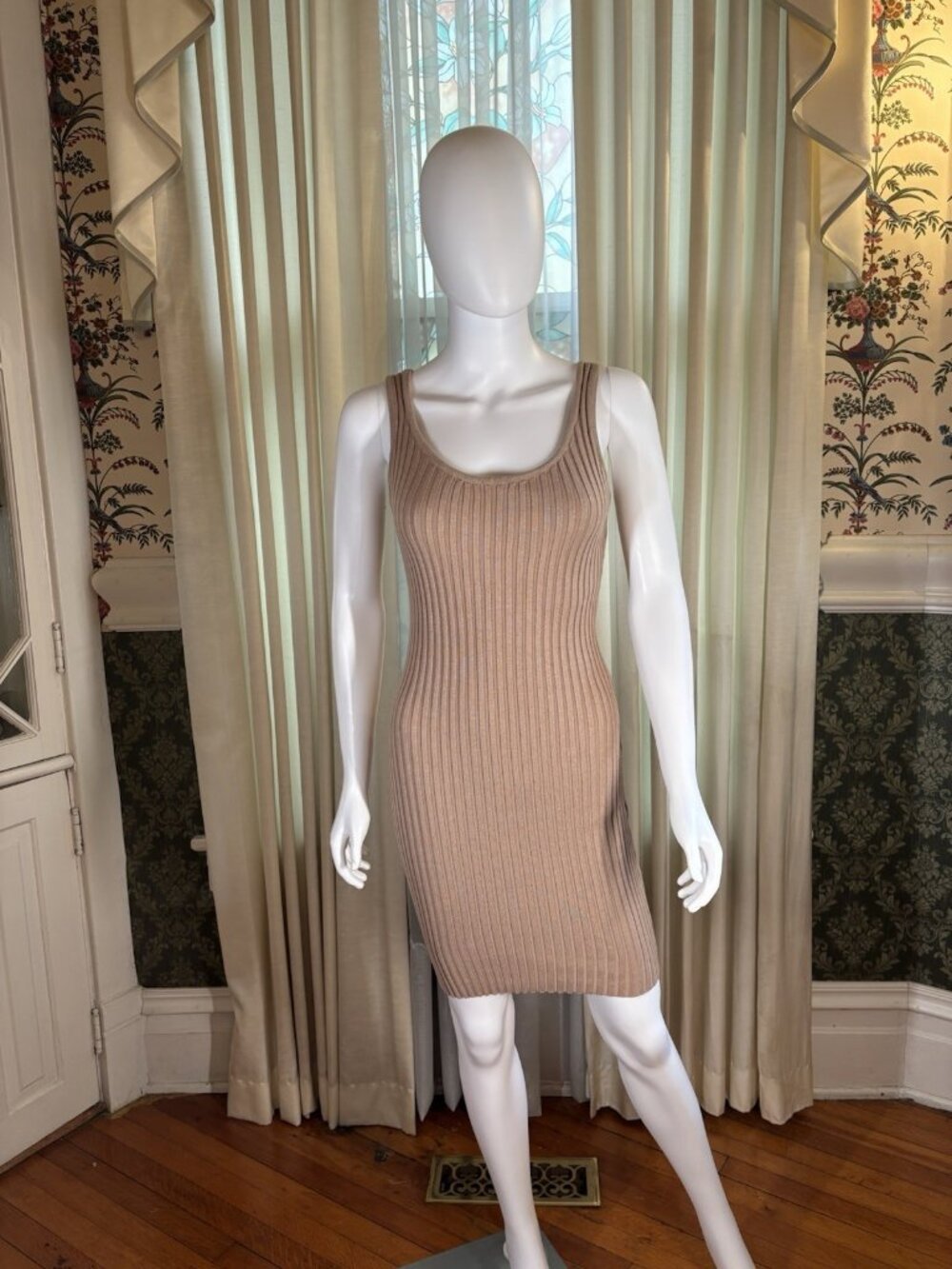 Camel Ribbed Knit Tank Midi Sweater Dress Bodycon Size S XS/S